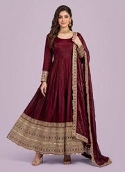 Diwali Maroon Crushed Silk Anarkali Gown – Heavy Sequin Embroidered Hem with Dupatta 1