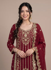 Diwali Maroon Georgette Sharara Suit – Sequin Embroidered Kurti with Scalloped Dupatta 3