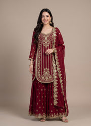 Diwali Maroon Georgette Sharara Suit – Sequin Embroidered Kurti with Scalloped Dupatta 4