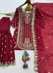 Diwali Maroon Georgette Sharara Suit – Sequin Embroidered Kurti with Scalloped Dupatta 2