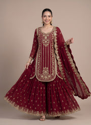 Diwali Maroon Georgette Sharara Suit – Sequin Embroidered Kurti with Scalloped Dupatta 1