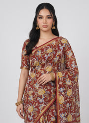 Diwali Maroon Maheshwari Saree – Vegetable Dye Kalamkari Floral Block Print Silk Cotton Saree with Matching Blouse 4