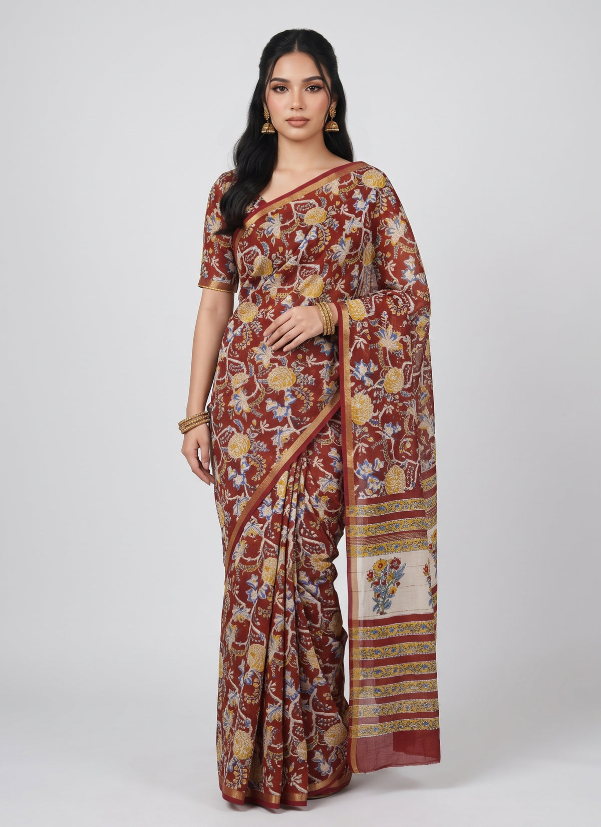 Diwali Maroon Maheshwari Saree – Vegetable Dye Kalamkari Floral Block Print Silk Cotton Saree with Matching Blouse Australia