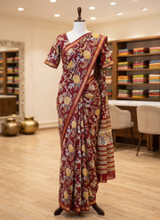 Diwali Maroon Maheshwari Saree – Vegetable Dye Kalamkari Floral Block Print Silk Cotton Saree with Matching Blouse 2
