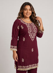 Diwali Slub Rayon Kurti Bell Bottom Set – Paisley Thread Work with Fringe Lace in Maroon & Rust 2