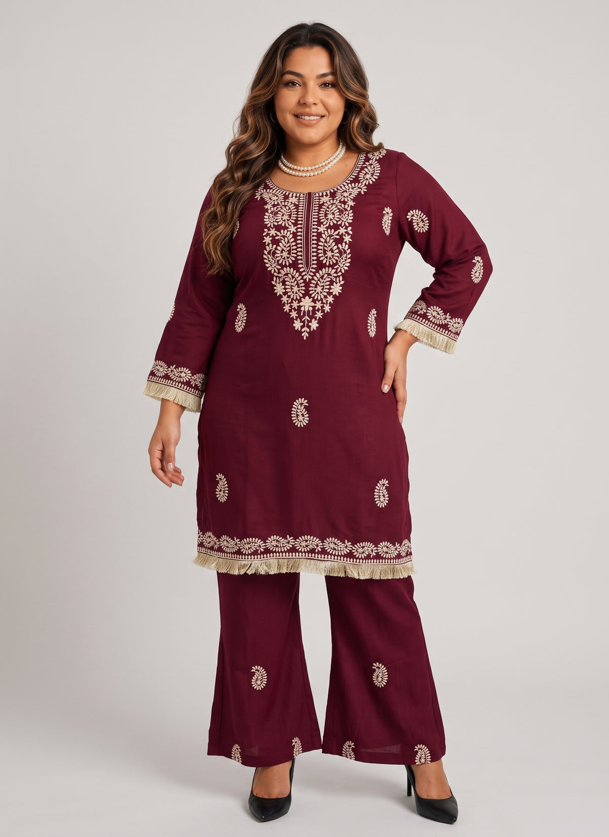 Diwali Slub Rayon Kurti Bell Bottom Set – Paisley Thread Work with Fringe Lace in Maroon & Rust Australia