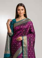 Diwali Mashru Silk Saree – Wine Purple with Contrast Teal Zari Border, Paisley Pallu & Blouse Piece 4