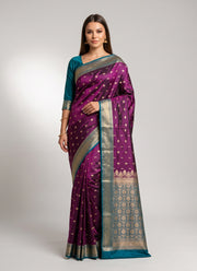 Diwali Mashru Silk Saree – Wine Purple with Contrast Teal Zari Border, Paisley Pallu & Blouse Piece 1