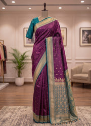 Diwali Mashru Silk Saree – Wine Purple with Contrast Teal Zari Border, Paisley Pallu & Blouse Piece 2