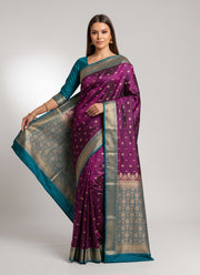 Diwali Mashru Silk Saree – Wine Purple with Contrast Teal Zari Border, Paisley Pallu & Blouse Piece 3