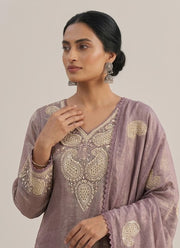 Diwali Mauve Silk Salwar Suit – Handmade Paisley Zardozi Work & Lace Dupatta 3