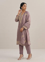 Diwali Mauve Silk Salwar Suit – Handmade Paisley Zardozi Work & Lace Dupatta 2