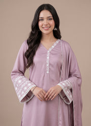 Diwali Mauve Satin Farshi Palazzo Suit – Embroidered Bell Sleeve Kurti with Lace Dupatta 4