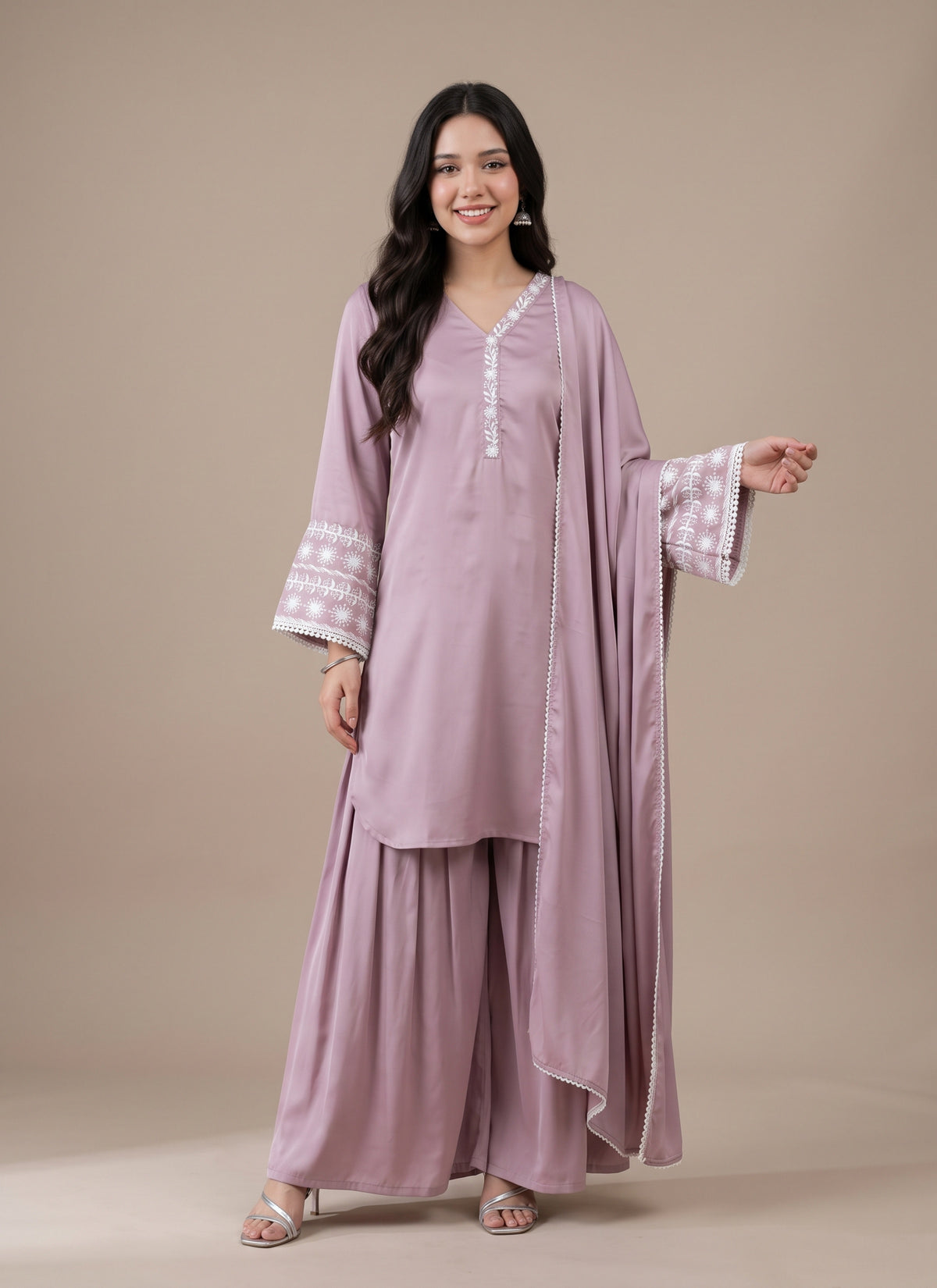 Diwali Mauve Satin Farshi Palazzo Suit – Embroidered Bell Sleeve Kurti with Lace Dupatta Australia