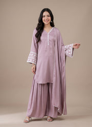 Diwali Mauve Satin Farshi Palazzo Suit – Embroidered Bell Sleeve Kurti with Lace Dupatta 1