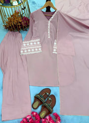 Diwali Mauve Satin Farshi Palazzo Suit – Embroidered Bell Sleeve Kurti with Lace Dupatta 2