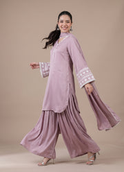 Diwali Mauve Satin Farshi Palazzo Suit – Embroidered Bell Sleeve Kurti with Lace Dupatta 3