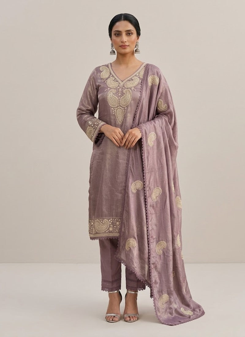 Diwali Mauve Silk Salwar Suit – Handmade Paisley Zardozi Work & Lace Dupatta Australia