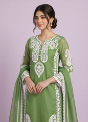 Diwali Organza Silk Palazzo Suit – White Paisley Embroidery Kurti with Bell Sleeves & Lace Dupatta 6