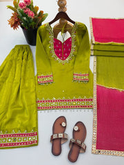 Diwali Mehendi Green Mirror Work Sharara Suit – Roman Silk Kurti with Pink Neckline & Kota Dupatta 3