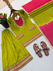 Diwali Mehendi Green Mirror Work Sharara Suit – Roman Silk Kurti with Pink Neckline & Kota Dupatta 4