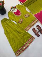 Diwali Mehendi Green Mirror Work Sharara Suit – Roman Silk Kurti with Pink Neckline & Kota Dupatta 5