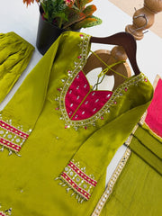 Diwali Mehendi Green Mirror Work Sharara Suit – Roman Silk Kurti with Pink Neckline & Kota Dupatta 6