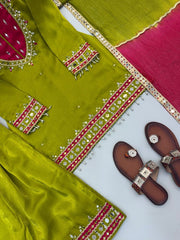 Diwali Mehendi Green Mirror Work Sharara Suit – Roman Silk Kurti with Pink Neckline & Kota Dupatta 7