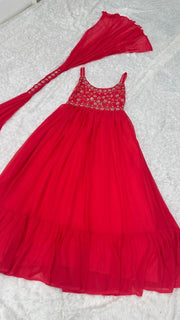 Diwali Red Georgette Mirror Work Gown – Sequin & Zari Strap Bodice with Ruffle Flare & Dupatta 2