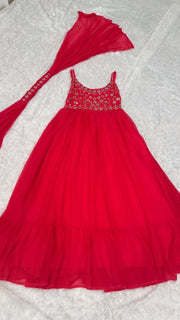 Diwali Red Georgette Mirror Work Gown – Sequin & Zari Strap Bodice with Ruffle Flare & Dupatta 4