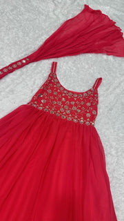 Diwali Red Georgette Mirror Work Gown – Sequin & Zari Strap Bodice with Ruffle Flare & Dupatta 5