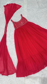 Diwali Red Georgette Mirror Work Gown – Sequin & Zari Strap Bodice with Ruffle Flare & Dupatta 6