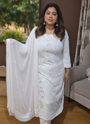 White Lucknow Handloom Salwar Suit with Chiffon Dupatta 3
