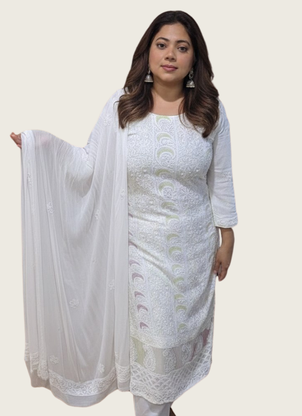 White Lucknow Handloom Salwar Suit with Chiffon Dupatta