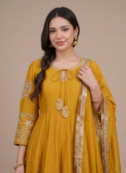 Diwali Mustard Chanderi Anarkali Gown – Kali Gown with Zari Hand Work, Pant & Dupatta 3