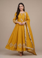 Diwali Mustard Chanderi Anarkali Gown – Kali Gown with Zari Hand Work, Pant & Dupatta 4