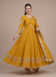 Diwali Mustard Chanderi Anarkali Gown – Kali Gown with Zari Hand Work, Pant & Dupatta 1