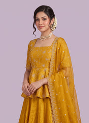 Diwali Crinkle Silk Peplum Lehenga Set – Floral Vine Embroidery Top with 6.5m Flare Skirt & Dupatta 8