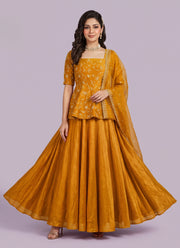 Diwali Crinkle Silk Peplum Lehenga Set – Floral Vine Embroidery Top with 6.5m Flare Skirt & Dupatta 7