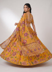Diwali Mustard Floral Print Lehenga – Tabby Silk with Sequin & Real Mirror Work and Printed Dupatta 3