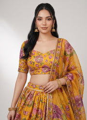 Diwali Mustard Floral Print Lehenga – Tabby Silk with Sequin & Real Mirror Work and Printed Dupatta 4