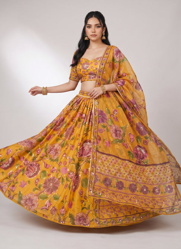 Mustard floral print lehenga with sequin and mirror work – twirl front view