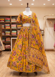Diwali Mustard Floral Print Lehenga – Tabby Silk with Sequin & Real Mirror Work and Printed Dupatta 2