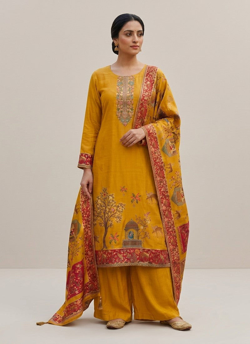 Diwali Mustard Kani Silk Suit – Handwoven Tree of Life Hem & Kani Dupatta Australia