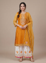 Diwali Mustard Organza Palazzo Suit – Sequin & Zari Embroidered Kurti with Gotapatti Dupatta 1