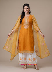 Diwali Mustard Organza Palazzo Suit – Sequin & Zari Embroidered Kurti with Gotapatti Dupatta 6