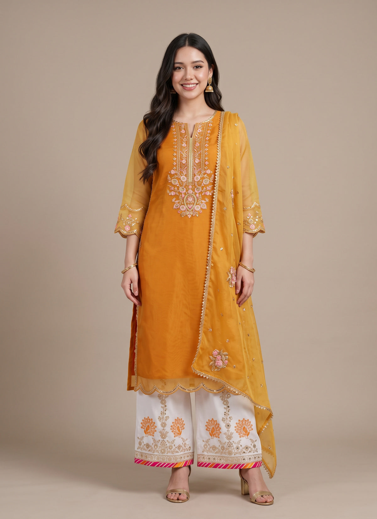 Diwali Mustard Organza Palazzo Suit – Sequin & Zari Embroidered Kurti with Gotapatti Dupatta Australia