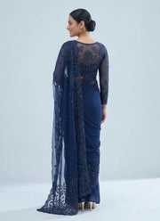 Diwali Navy Blue Georgette Saree – Sequin Embroidered Net Pallu & Stitched Full Sleeve Blouse 4