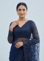 Diwali Navy Blue Georgette Saree – Sequin Embroidered Net Pallu & Stitched Full Sleeve Blouse 3