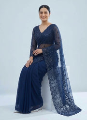 Diwali Navy Blue Georgette Saree – Sequin Embroidered Net Pallu & Stitched Full Sleeve Blouse 6